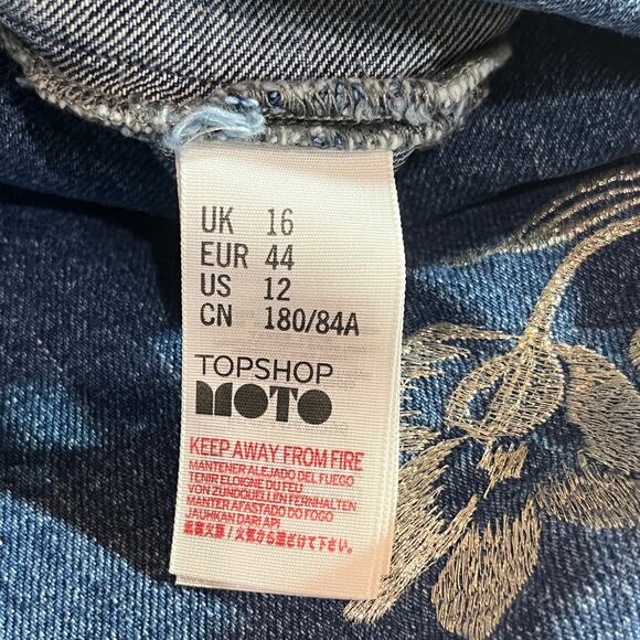 Topshop Moto Mini Skirt Womens Size 16 Blue Denim Embroidered Floral Art Boho‎ - Picture 5 of 8